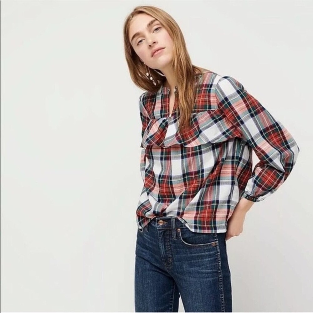 J.Crew Ruffle long sleeve blouse.Red, green, black, gold sparkle thread plaid XS